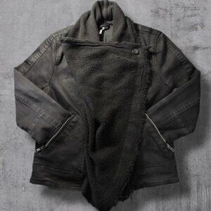 Free People Black Waterfall Waxed Denim Moto Jacket